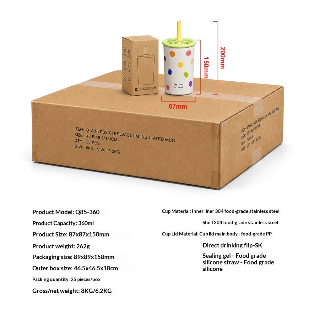 A brown cardboard shipping box with a small insulated mug and its own box shown on top, plus red dimension lines indicating 160mm height and 87mm width. Product specifications text is printed below on a white background.