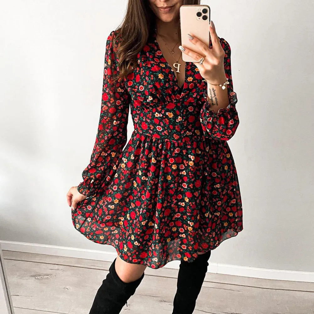 Spring Summer V-neck Long sleeve Floral Mini dress - EX-STOCK CANADA