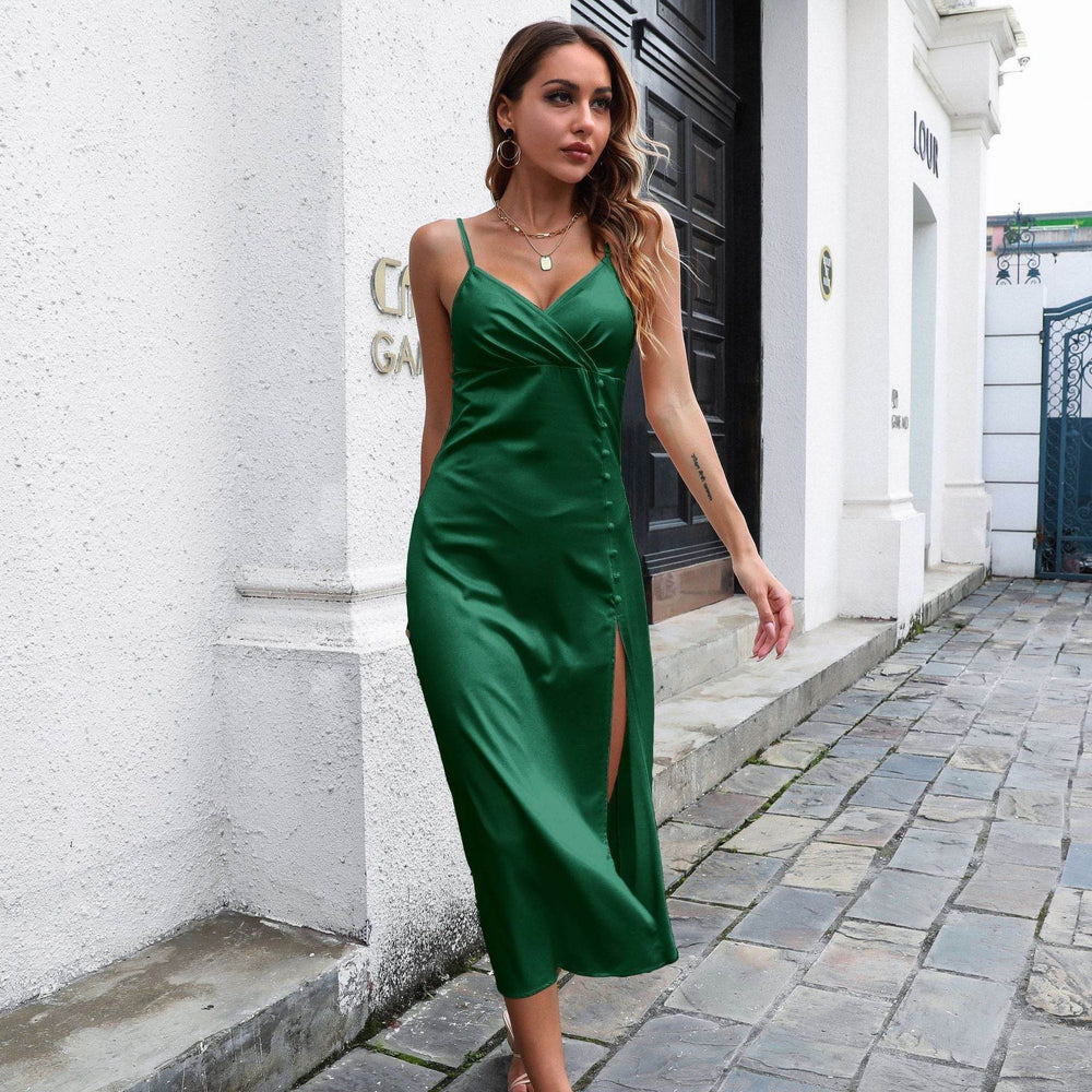 Women's Breasted Satin silk V-neck Spaghetti strap Backless Midi Dress cocktail split dress - EX-STOCK Canada