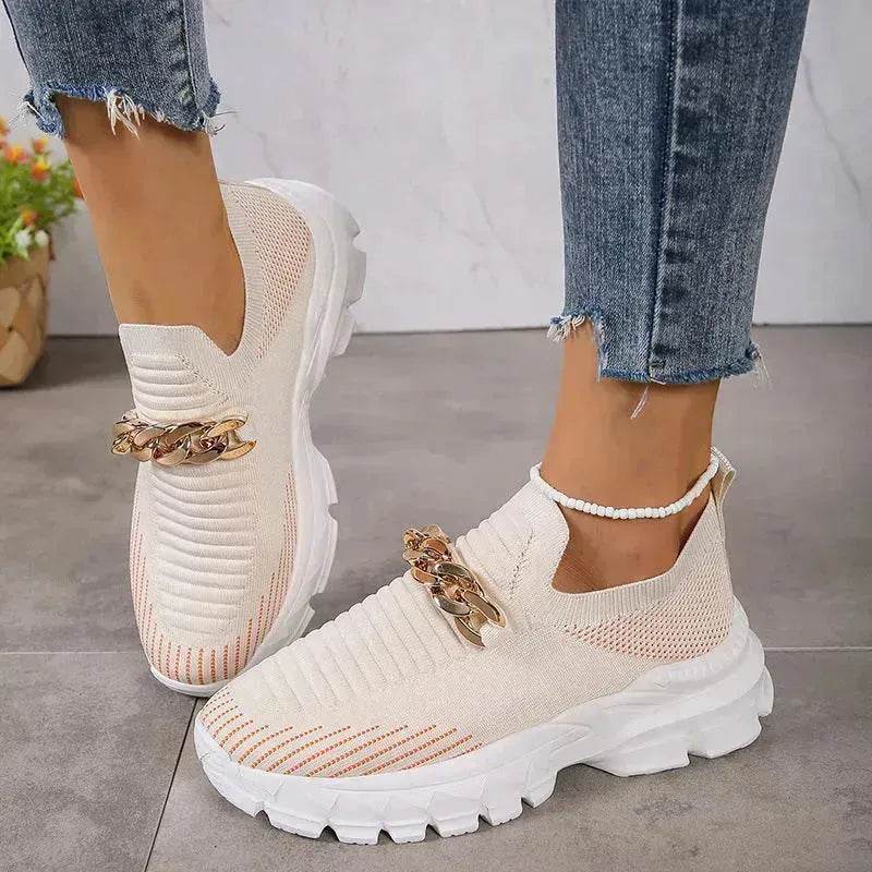 Fashion Chain Design Mesh Shoes For Women Breathable Casual Soft Sole Walking Sock Slip On Flat Chunky Sneakers Shoes for Women - EX-STOCK Canada