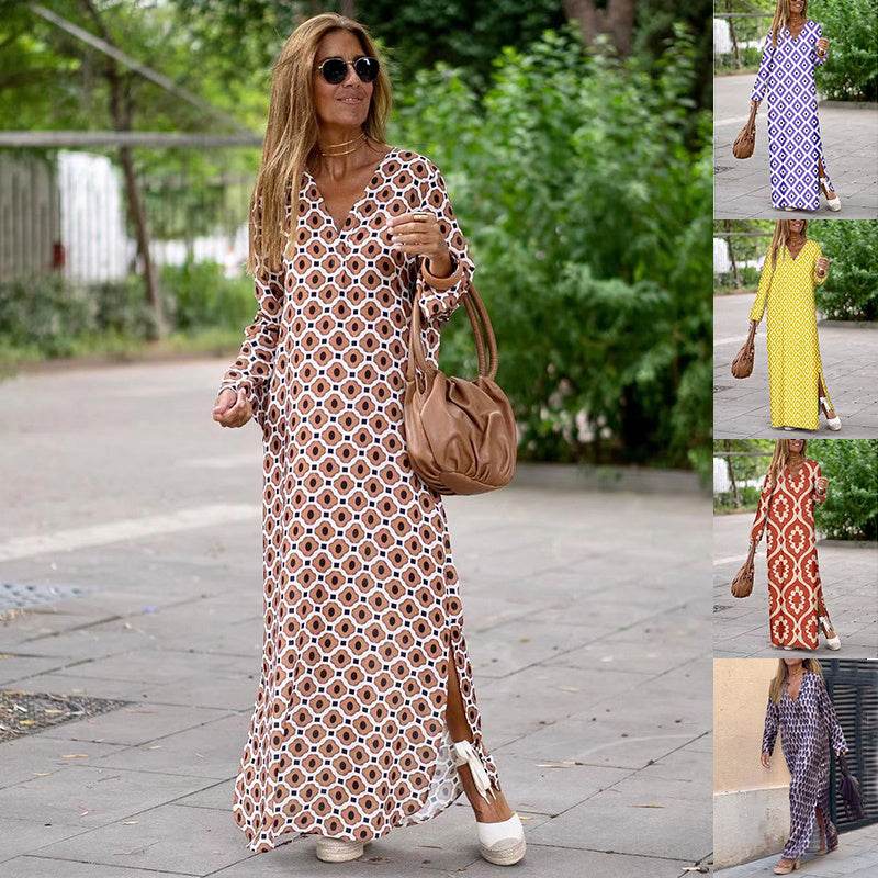 Summer Geometric Printed V-neck Long Dress Fashion Long Sleeve Slit Dresses For Women - EX-STOCK Canada