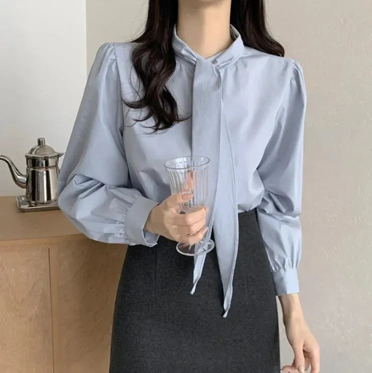 Spring New Gentle Lace-up Bow Tie Design Puff Sleeve Solid Color Shirt For Women - EX-STOCK CANADA