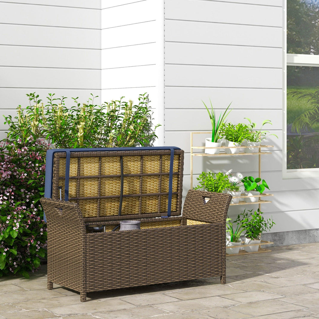 Outdoor-Patio-Rattan-Aufbewahrungsbank, 2-in-1 Rattan-Gartenmöbel, 29 Gallonen Aufbewahrungsbox mit Kissen, DunkelblauEX-STOCK Canada