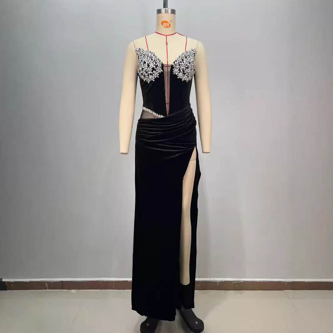 Women's Black Bandeau Slim-fit Drilling Slit Cocktail Evening Dinner Dress - EX-STOCK Canada
