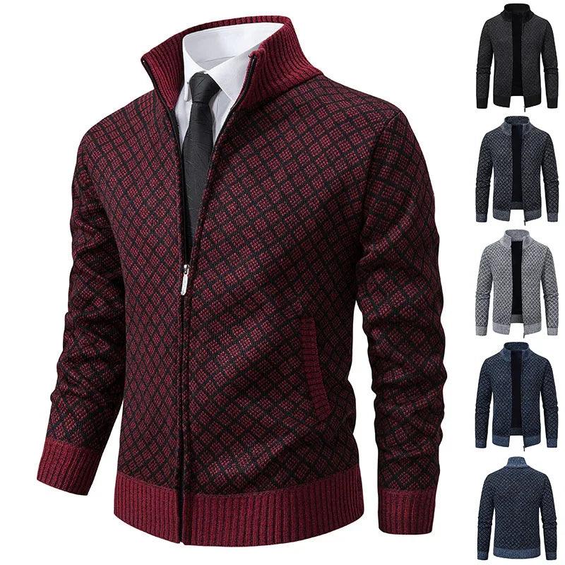 Chaqueta cárdigan de estampado a cuadros gruesos, de moda, ajuste slim, con cremallera y cuello alto, suéter de invierno para hombre, casual, manga larga, prenda de puntoEX-STOCK Canada