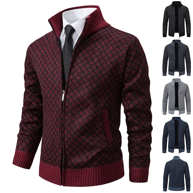 Giacca Cardigan con Stampa a Quadri Spessa, Moda, Vestibilità Slim, Maglione con Cerniera e Collo alla Coreana, Maglione Invernale da Uomo, Top Casual a Manica Lunga, Tessuto Lavorato a MagliaEX-STOCK Canada