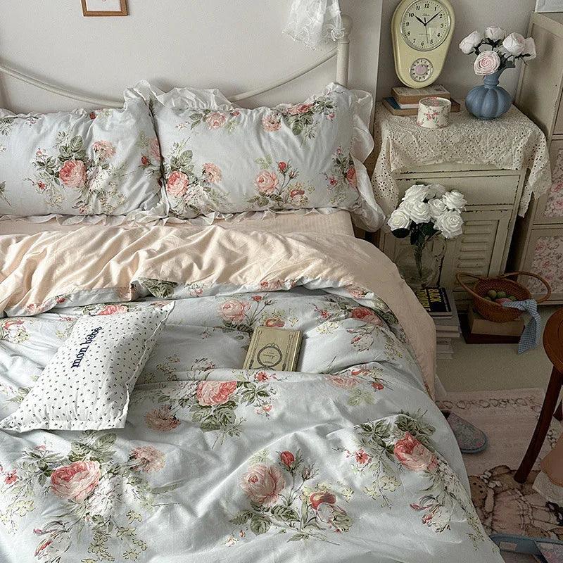 Princess Style Ruffled Pure Cotton French Floral Minimalist Bed Sheet Duvet Cover Bedding EX-STOCK Canada