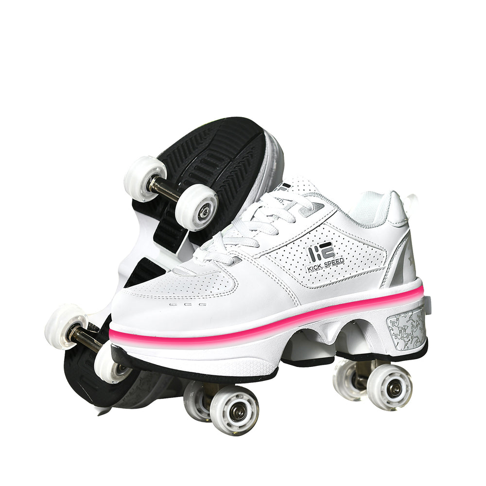 White roller shoes with pink accent and black soles on a white background