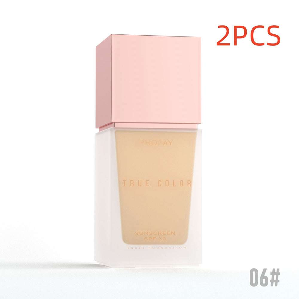 A bottle of foundation sunscreen shade 06 on a white background with a pink cap, featuring a '2PCS' text overlay in red and a '06#' shade code overlay in gray.