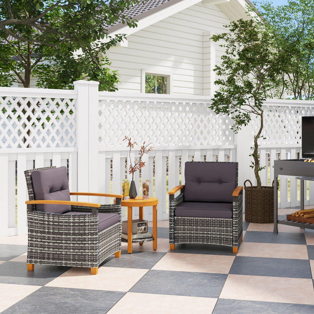 Ensemble de bistro d'extérieur en osier avec coussins pour terrasse, jardin ou cour, grisEX-STOCK Canada