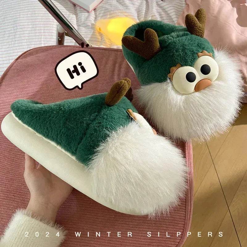 Cute Cartoon Christmas Deer Cotton Shoes Winter Indoor Floor Home Slippers Half-covered Heel Warm Plush Shoes Women - EX-STOCK Canada