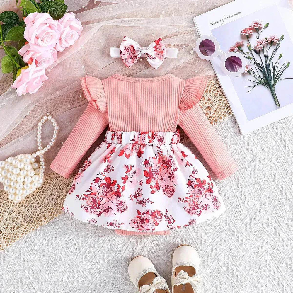Latest Popular Sweet Long Sleeve pink Romper White Floral Suspender Skirt two piece for baby girls - EX-STOCK Canada