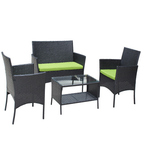 4-tlg. Rattan-Gartenmöbel-Set mit gepolstertem Sitz Outdoor-Sofa aus Korbgeflecht mit grünem KissenEX-STOCK Canada