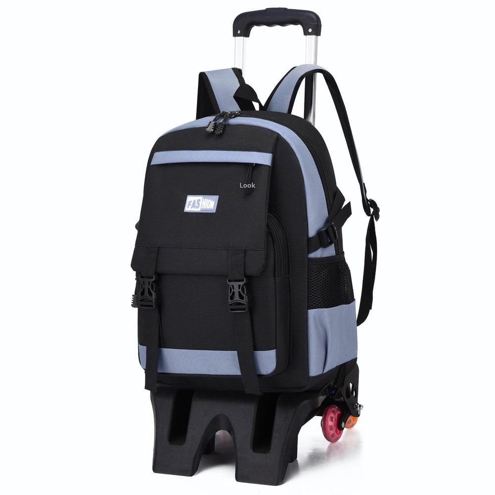 Black and gray rolling backpack on a white background
