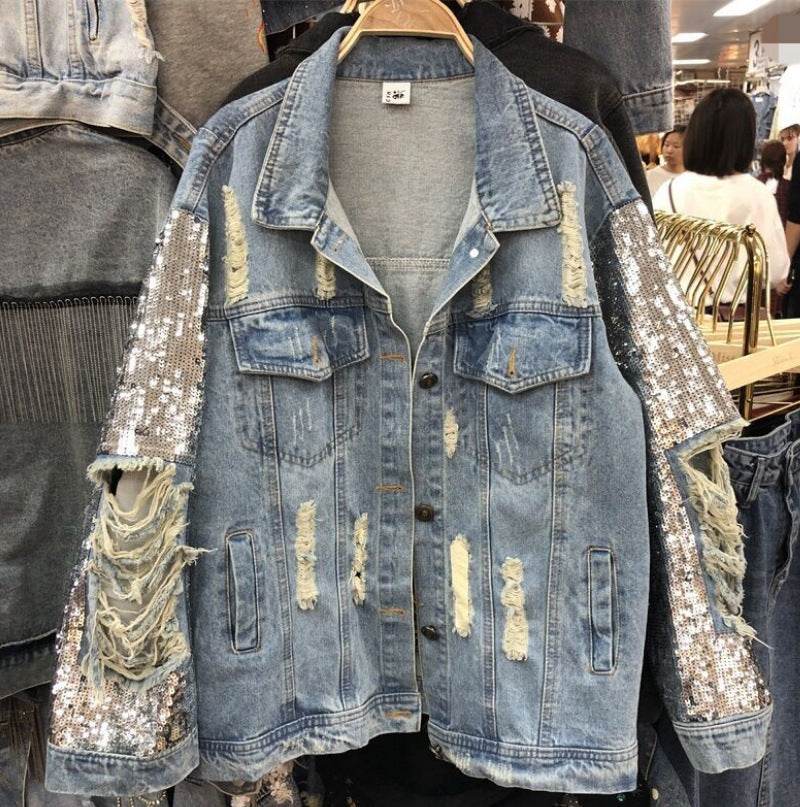 Street Fashion Heavy Industry lose Ripped Sequined Sleeve Denim Jacket Women - EX-STOCK Canada