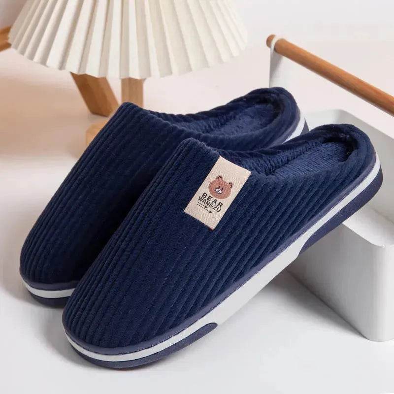 Solid Color Striped Slippers For Women Thick-soled Anti-slip Indoor Warm Plush Home Shoes Couple Women Men Slipper Winter - EX-STOCK Canada