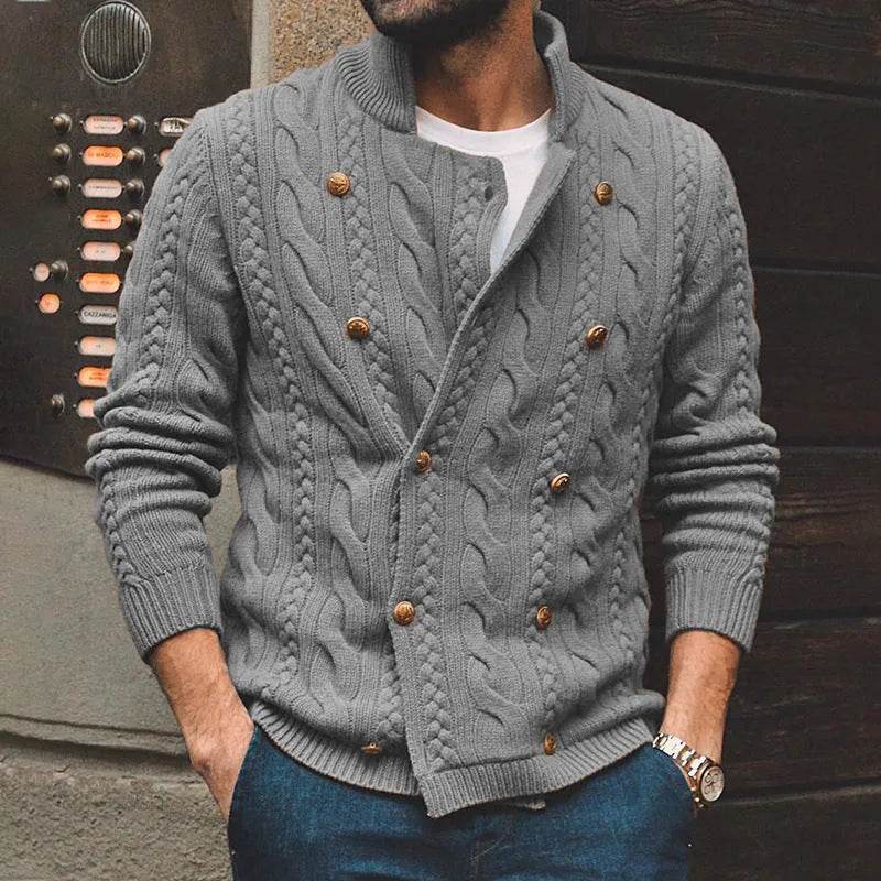 Men's Pure Color Half Collar Double-breasted Knitted Sweater Coat - EX-STOCK Canada