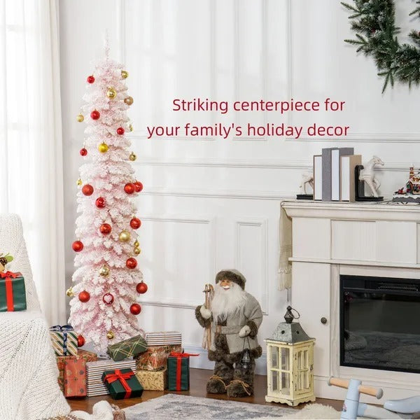 6ft Snow-Flocked Artificial Christmas Tree, Slim Pencil Xmas Tree With 395 Realistic Branches, Metal Base EX-STOCK Canada