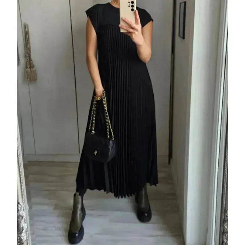 Women Summer Pleated Maxi Dress Casual Short Sleeve Crewneck Flowy Swing Long Dress with Pockets - EX-STOCK Canada