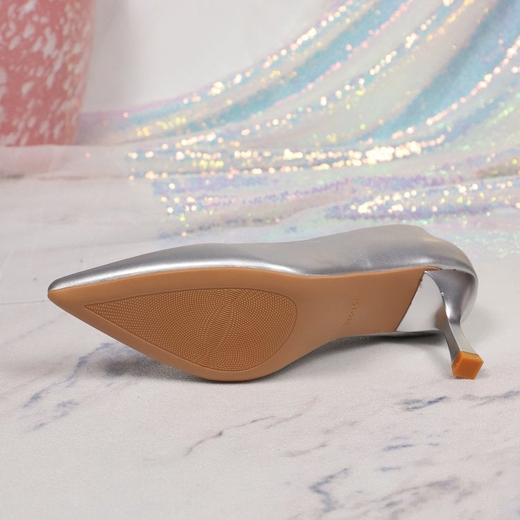 Décolleté con tacco alto a punta in argento per taglie comode da donna, nuovi arrivi primavera, tacco sottile, pumps in vernice, scarpe professionali e per feste di matrimonio