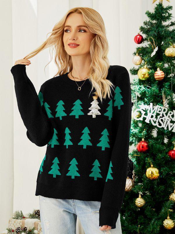 Pull de Noël rouge pour femmes à manches longues avec motif jacquard d'arbre de NoëlEX-STOCK Canada
