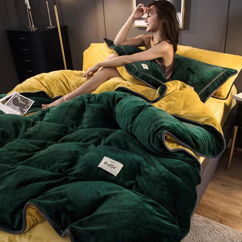 Juego de ropa de cama de franela coral de invierno gruesa, doble cara, con funda de edredónEX-STOCK Canada