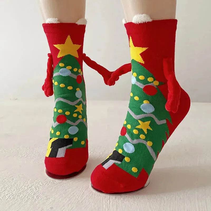 Christmas Magnetic Socks Cute Elk Santa Claus Snowman Hand-holding Socks For Couple - EX-STOCK Canada