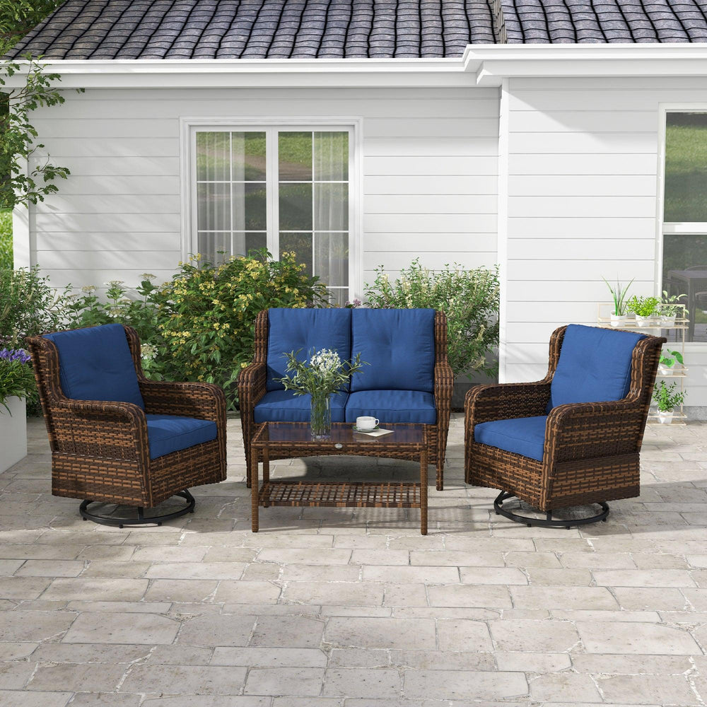 4-teiliges Rattan-Gartenmöbel-Set, Gesprächsset mit drehbaren Schaukelstühlen, Tisch und Zweisitzer für Garten, Terrasse, BlauEX-STOCK Canada