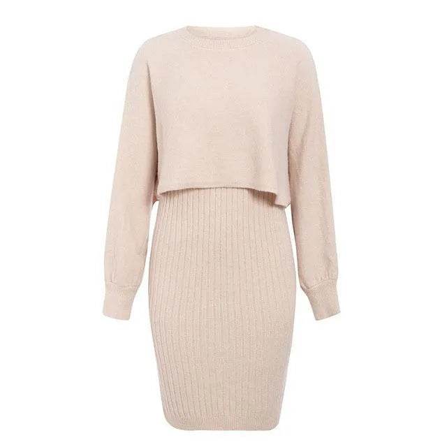 Women 2pcs Winter Outfit Cashmere dress Cropped Pullover top - EX-STOCK Canada