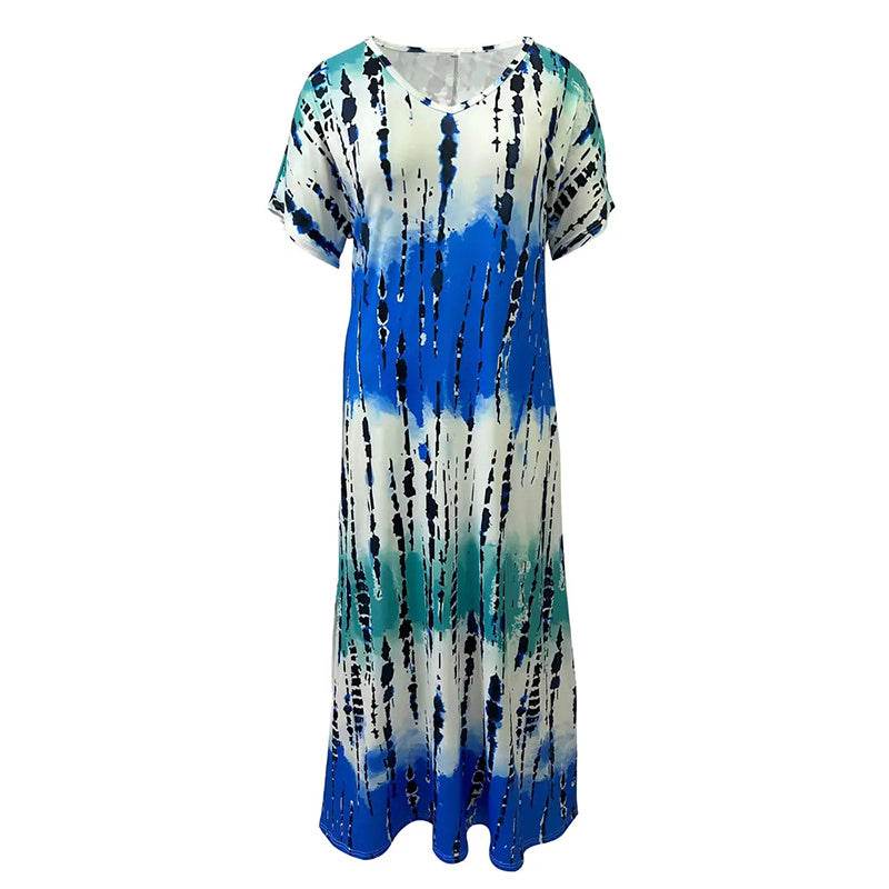 Women's Summer Tie Dye Maxi Dress Short Sleeve V Neck Casual Loose Long Split Dresses - EX-STOCK Canada
