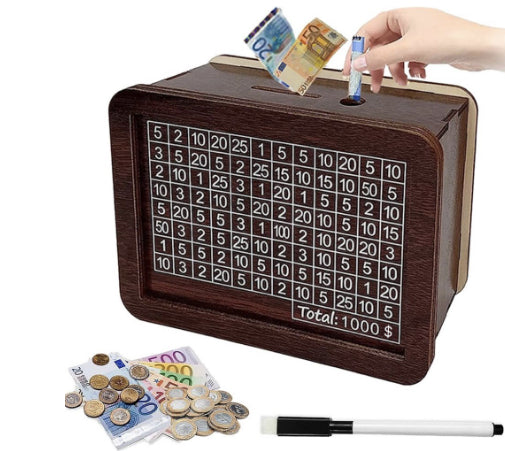 Wooden money box with a digital display and coins around it