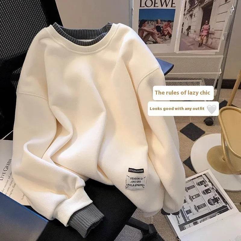 Women Round-neck With Fleece Lining Thick Fake Two Pieces Long Sleeve Loose Hoodie Sweatshirt - EX-STOCK Canada