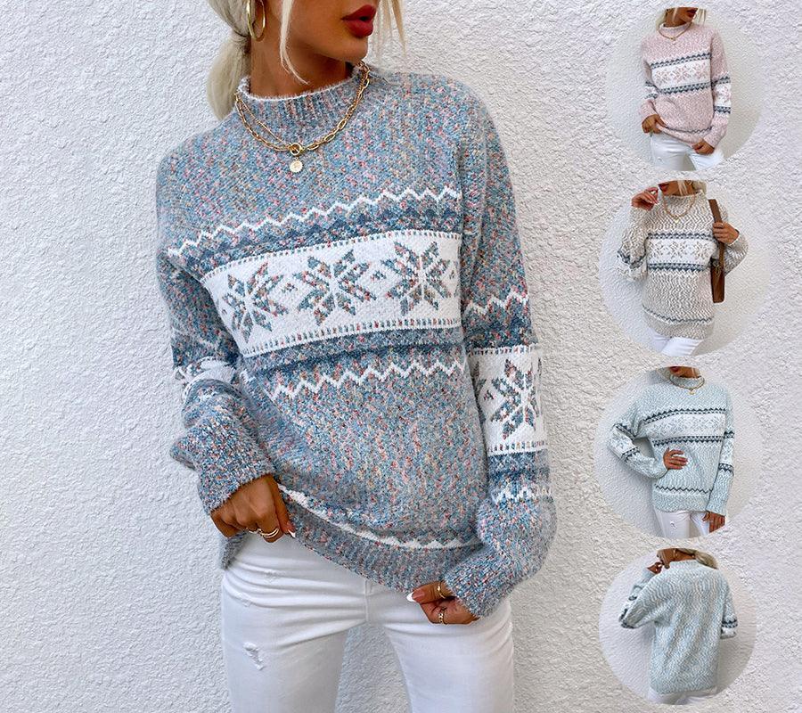Pull en tricot motif flocon de neige d'hiver, mode, col roulé mi-haut, hauts tricotés pour femmes, vêtements de NoëlEX-STOCK Canada