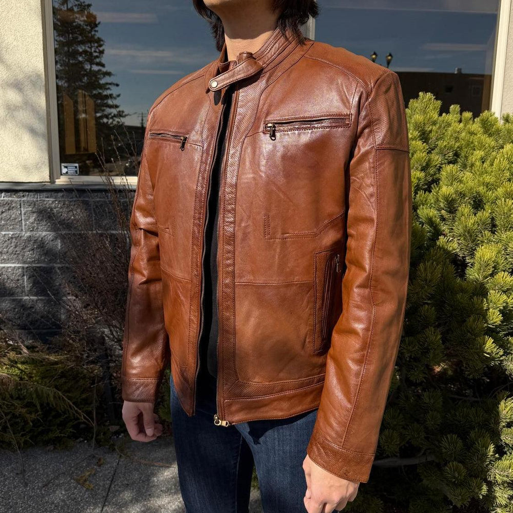 Veste de motard en cuir pour hommes BOL à col pression