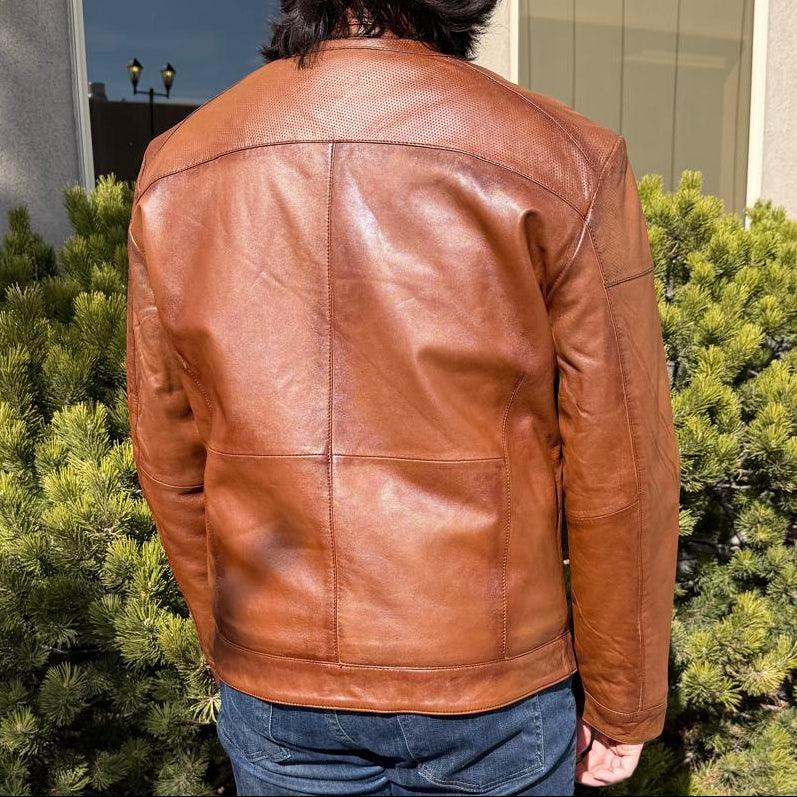 Veste de motard en cuir pour hommes BOL à col pression