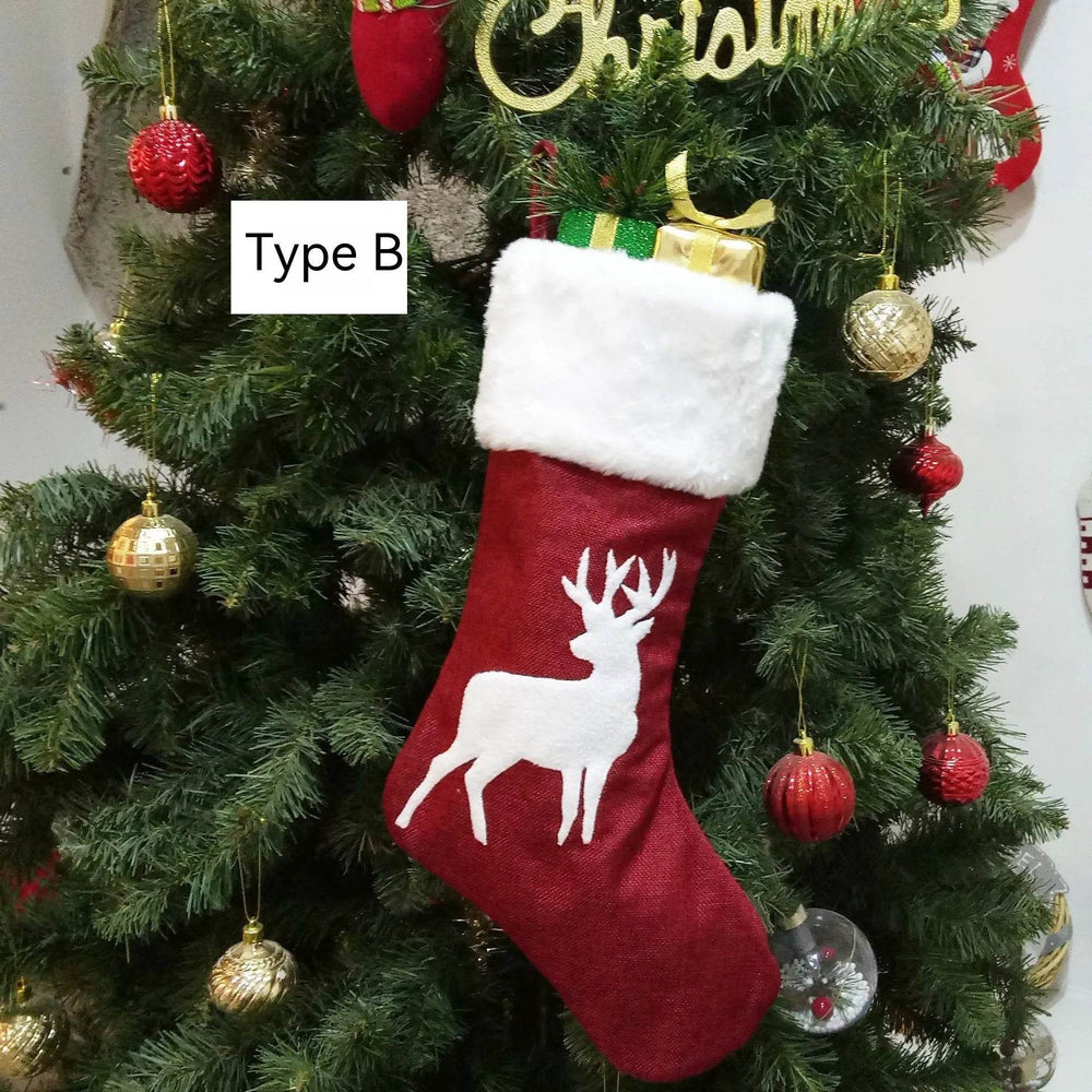 Christmas Stockings Gift Bag Red Hemp Elk Embroidery Christmas Stockings Gift Pendant - EX-STOCK Canada