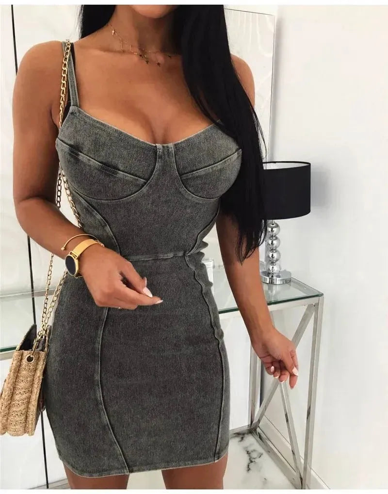 Chic Sleeveless slim fitted Mini Denim hip dress - EX-STOCK CANADA