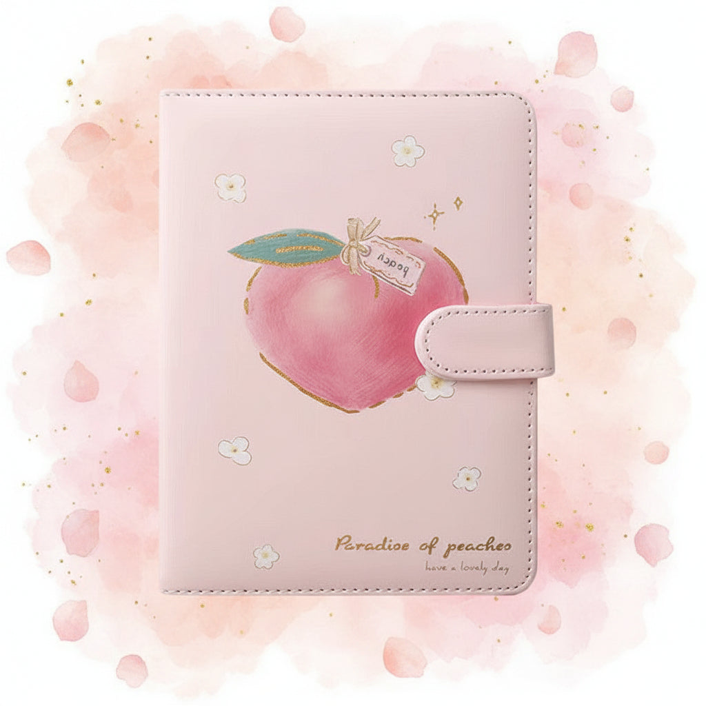 Pink notebook with peach design and measurements on a white background