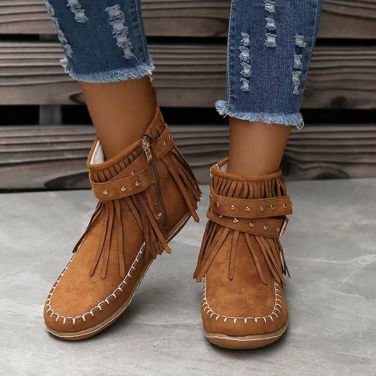 Women's suede tassel ankle boots in black, dark brown and khaki