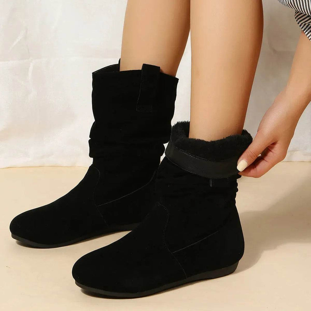 Round Toe Flat Boots Fashion Solid Color Suede Mid-calf Boot Winter Warm Shoes For Women - EX-STOCK Canada