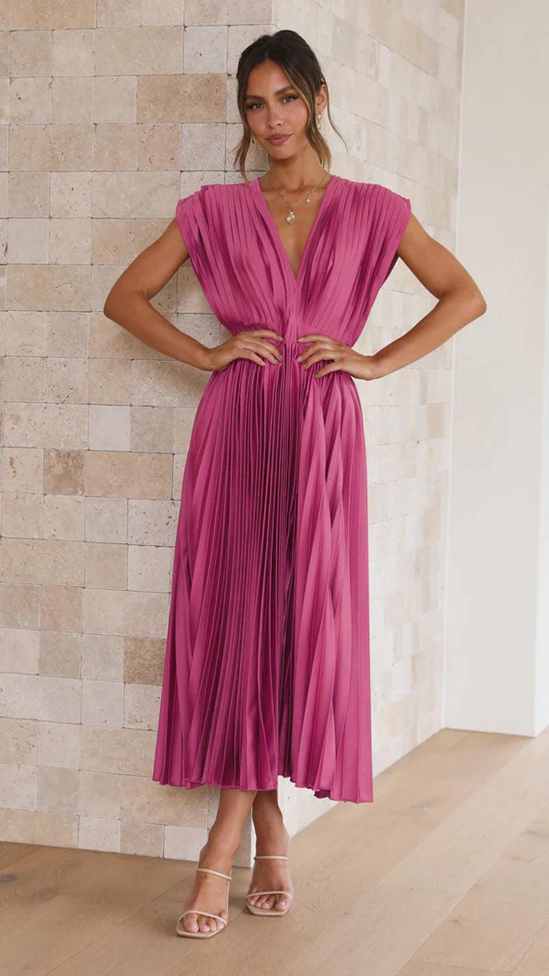 Robe d'été plissée à col en V Mode INS Décontractée Ample Robe sans manches avec fermeture éclair pour femmes Vêtements