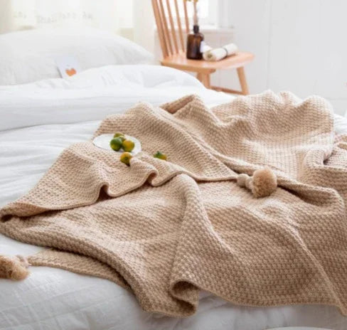 Nordic fringed knit ball blanket wool blanket office air conditioning lunch break blanket shawl blanket sofa leisure blanket blanket EX-STOCK Canada