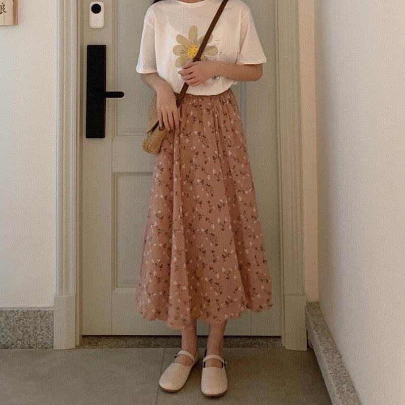 Casual Floral New Fresh High Waist Slimming Korean-style Midi A- Line Skirt - EX-STOCK Canada