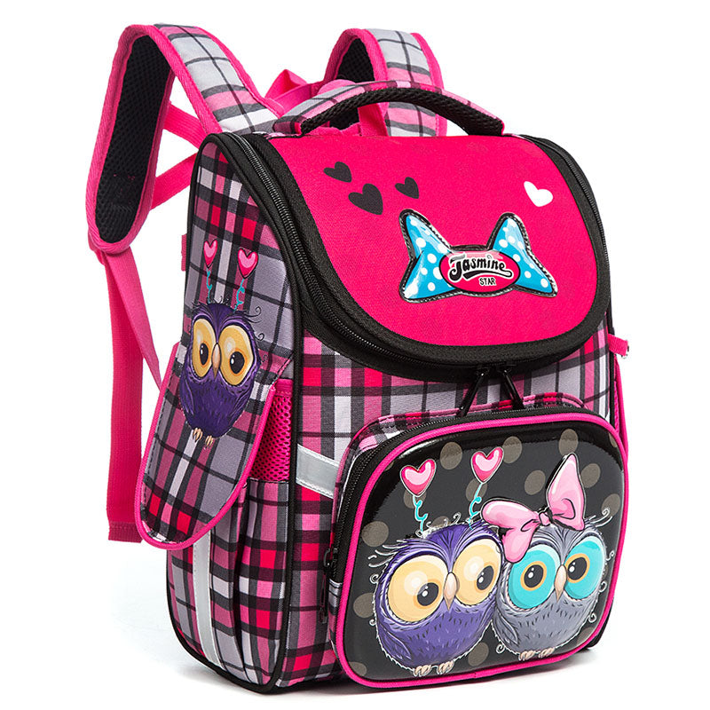Pink and plaid backpack with owl designs on a white background