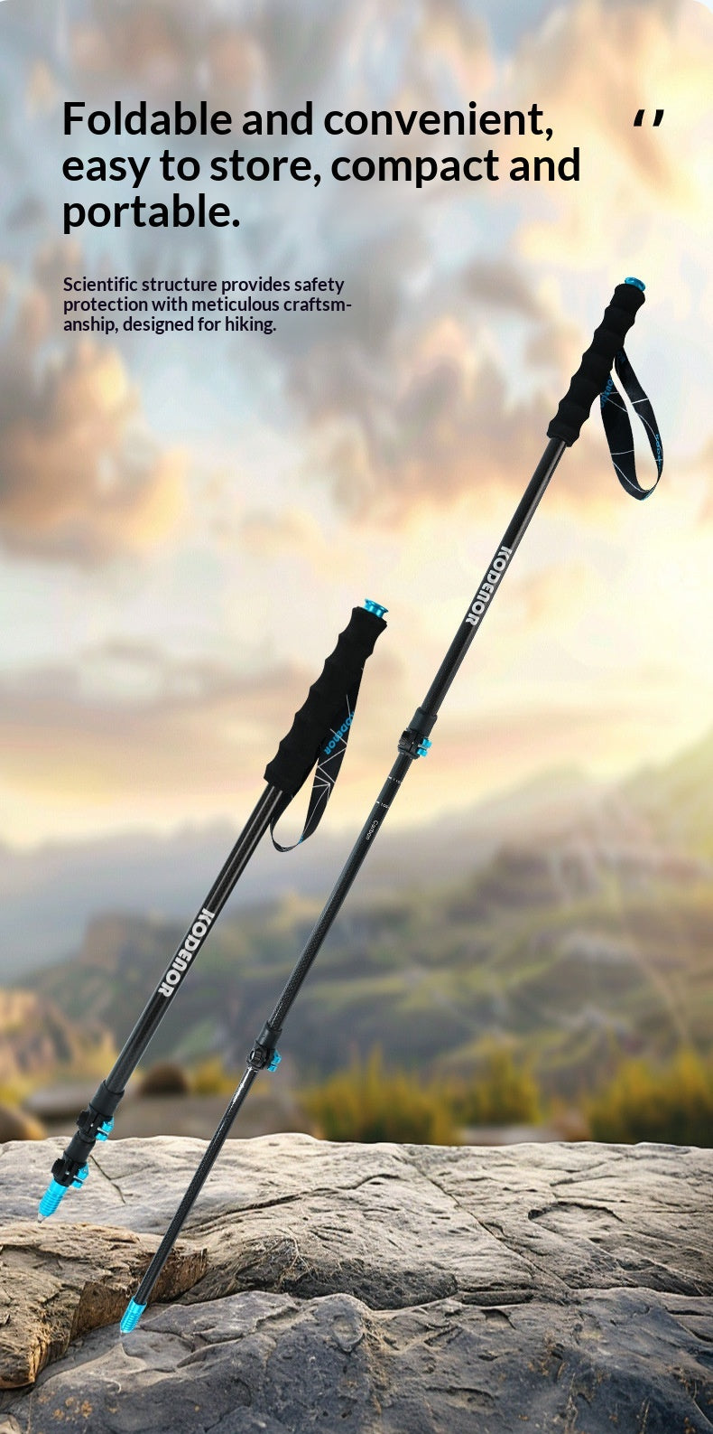 Two black folding hiking poles with blue accents and wrist straps, shown leaning on a rock with a blurred mountain landscape in the background. Text at the top describes the poles as foldable, convenient, easy to store, compact, and portable.