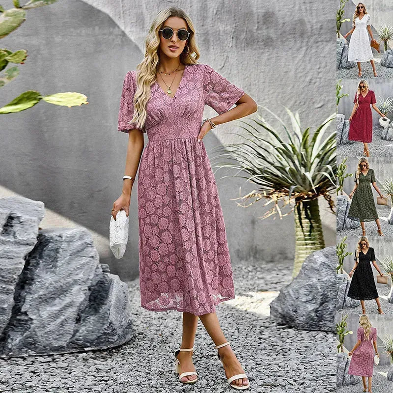 Fashion V-neck Lace Dress Summer Elegant Short Sleeve Long Dresses For Women - EX-STOCK CANADA