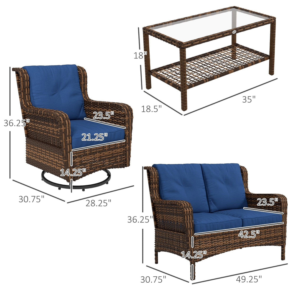 4-teiliges Rattan-Gartenmöbel-Set, Gesprächsset mit drehbaren Schaukelstühlen, Tisch und Zweisitzer für Garten, Terrasse, BlauEX-STOCK Canada