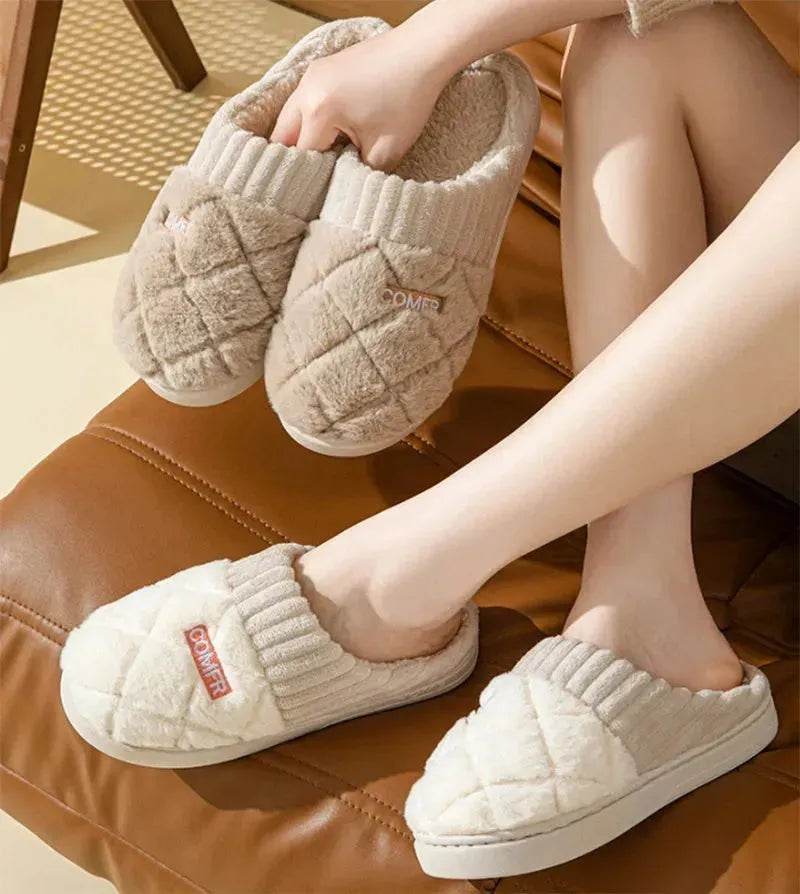 Solid Rhombic Letter Home Slippers Winter Warm Non-slip Floor Bedroom Plush Slipper For Couple House Shoes Women Men - EX-STOCK Canada