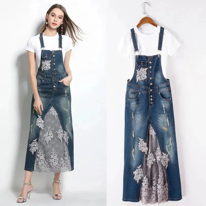 Embroidered Lace Denim Midi Jumper Dress European and American Style - EX-STOCK CANADA