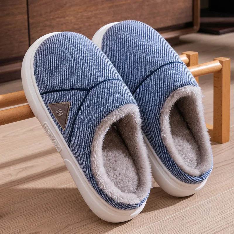 Solid Striped Home Slippers Winter Warm Fleece Shoes Men Indoor Bedroom Floor Plush Slippers For Women Couple - EX-STOCK Canada